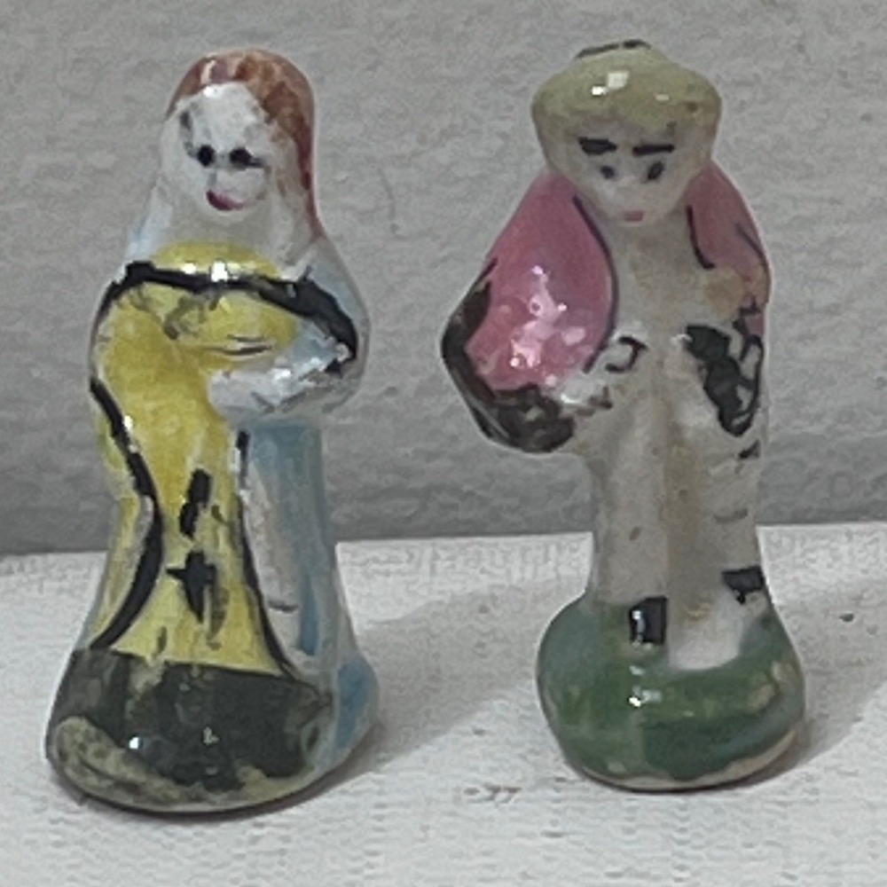 Vintage Hand Painted Ceramic Feves Miniature Figurines Folk Art Couple Set of 2